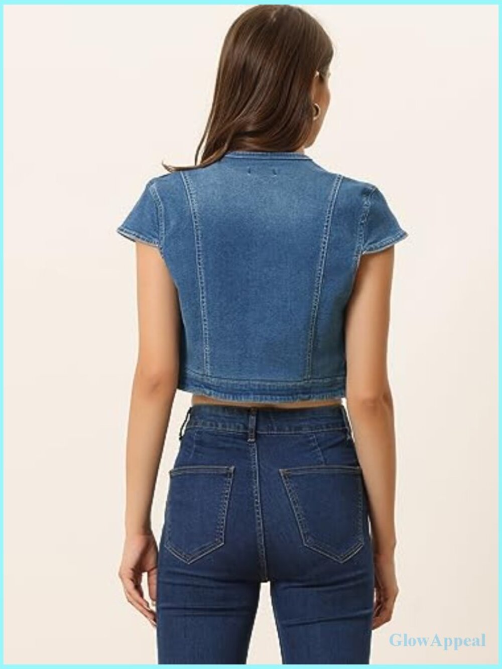 Women's Cropped Denim Jacket Short Sleeve Slim Fit Casual Summer Blazer - Picture 5 of 7